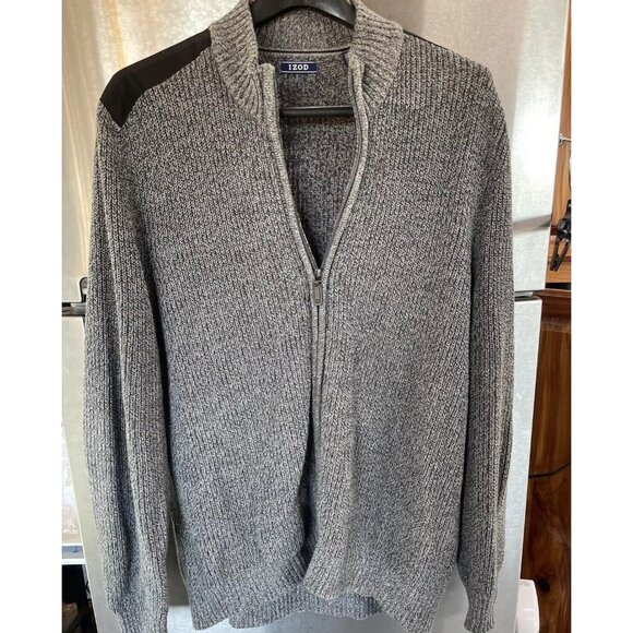 Izod Cardigan Men's Large Gray Knit Cotton Blend Long‎ Sleeve Full Zip Sweater - Picture 2 of 14